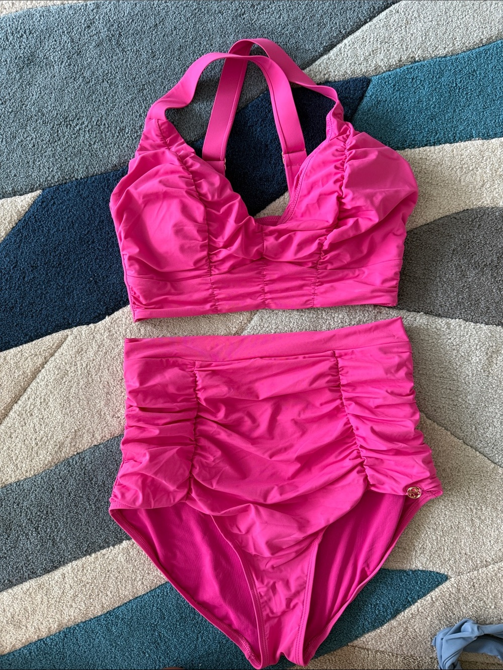 High-Rise Ruched Two-Piece Swim Set in Hot Pink